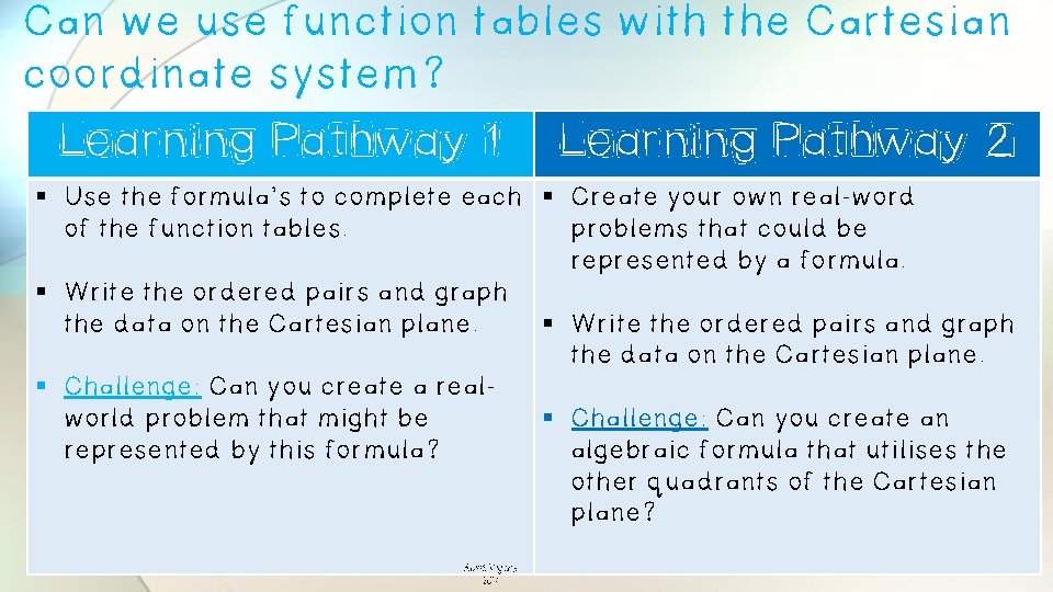 Can we use function tables with the Cartesian coordinate system? Learning Pathway 1 Learning