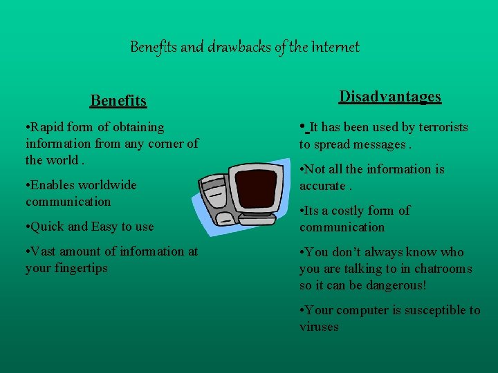 Benefits and drawbacks of the Internet Benefits • Rapid form of obtaining information from