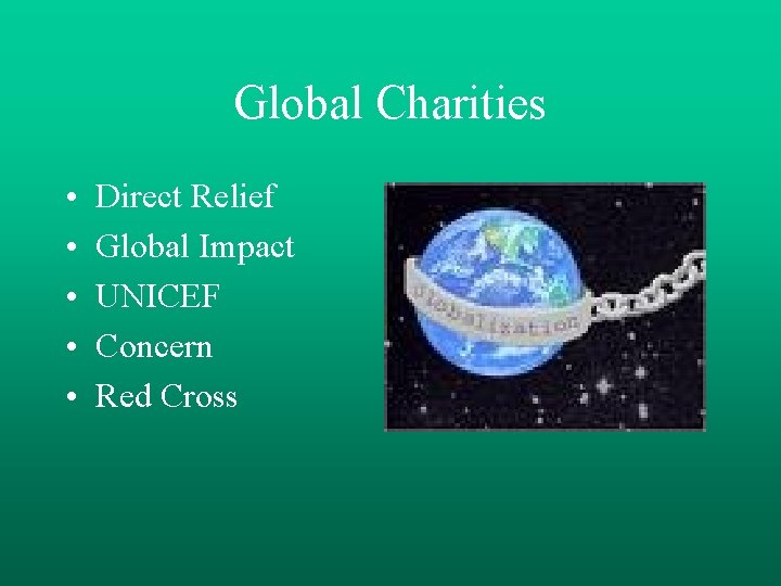 Global Charities • • • Direct Relief Global Impact UNICEF Concern Red Cross 