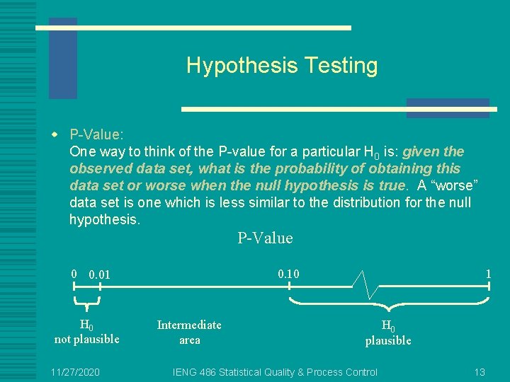 Hypothesis Testing w P-Value: One way to think of the P-value for a particular
