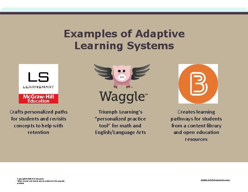 Examples of Adaptive Learning Systems Crafts personalized paths for students and revisits concepts to