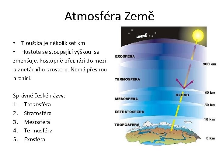 Atmosféra Země • Tloušťka je několik set km • Hustota se stoupající výškou se