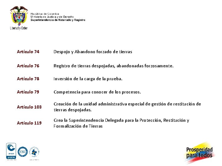 Artículo 74 Despojo y Abandono forzado de tierras Artículo 76 Registro de tierras despojadas,