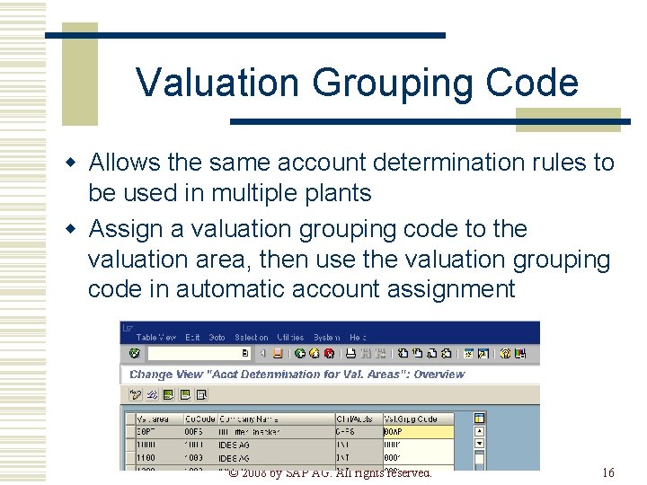 Valuation Grouping Code w Allows the same account determination rules to be used in