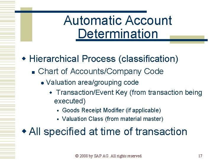 Automatic Account Determination w Hierarchical Process (classification) n Chart of Accounts/Company Code l Valuation