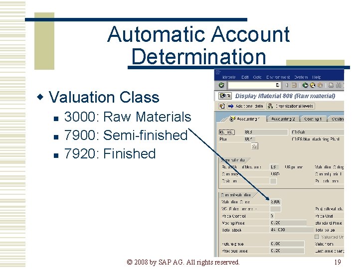 Automatic Account Determination w Valuation Class n n n 3000: Raw Materials 7900: Semi-finished