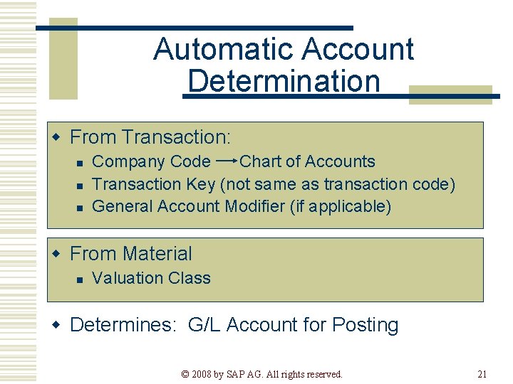 Automatic Account Determination w From Transaction: n n n Company Code Chart of Accounts
