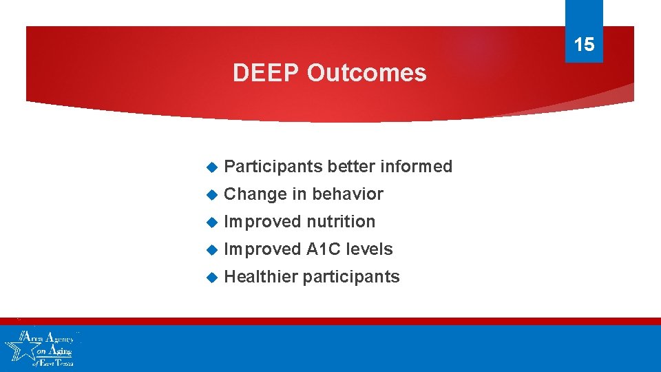 15 DEEP Outcomes Participants better informed Change in behavior Improved nutrition Improved A 1