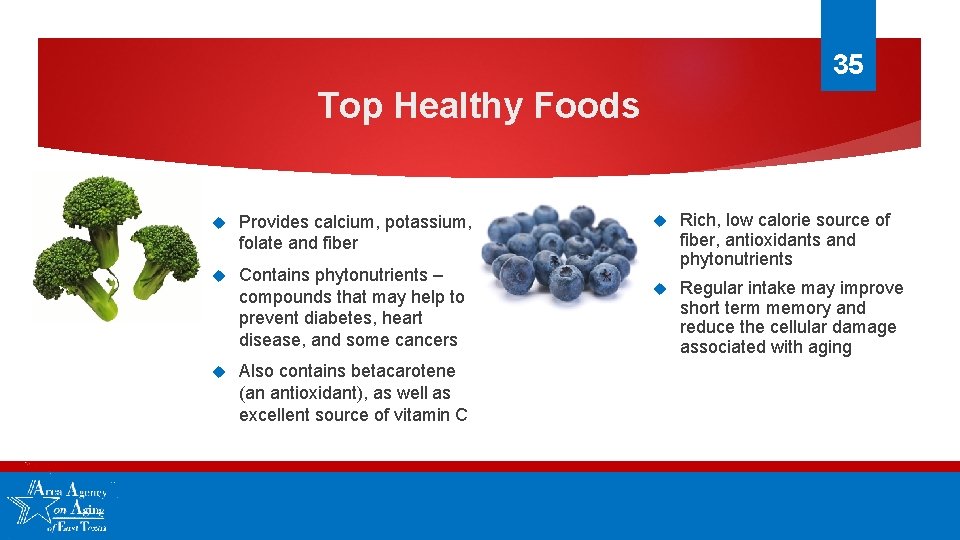 35 Top Healthy Foods Provides calcium, potassium, folate and fiber Contains phytonutrients – compounds