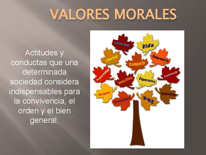 VALORES MORALES Actitudes y conductas que una determinada sociedad considera indispensables para la convivencia,