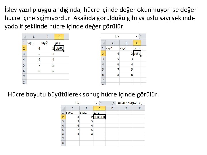 İşlev yazılıp uygulandığında, hücre içinde değer okunmuyor ise değer hücre içine sığmıyordur. Aşağıda görüldüğü