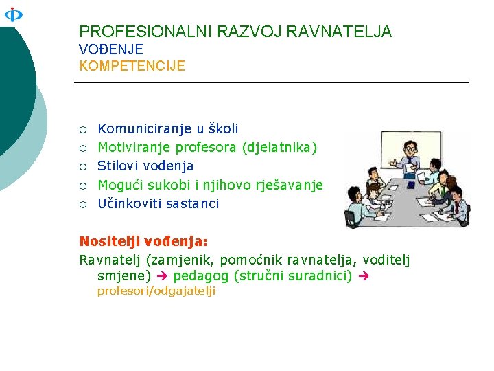 PROFESIONALNI RAZVOJ RAVNATELJA VOĐENJE KOMPETENCIJE ¡ ¡ ¡ Komuniciranje u školi Motiviranje profesora (djelatnika)