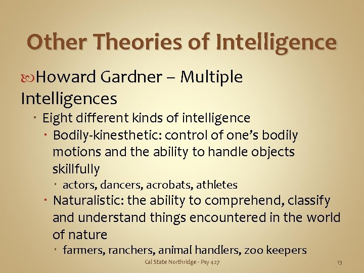 Other Theories of Intelligence Howard Gardner – Multiple Intelligences Eight different kinds of intelligence