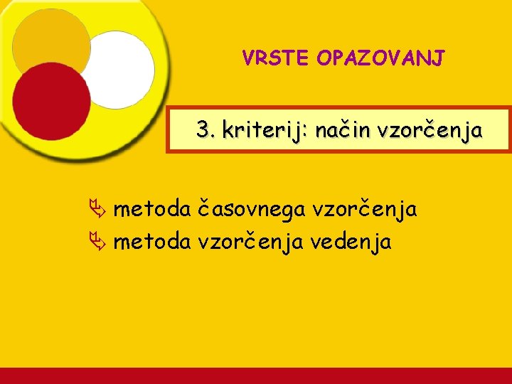 VRSTE OPAZOVANJ 3. kriterij: način vzorčenja Ä metoda časovnega vzorčenja Ä metoda vzorčenja vedenja