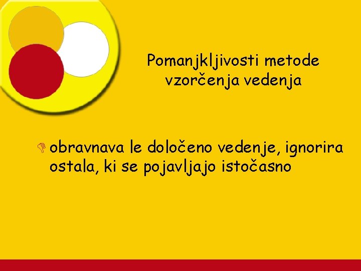 Pomanjkljivosti metode vzorčenja vedenja D obravnava le določeno vedenje, ignorira ostala, ki se pojavljajo