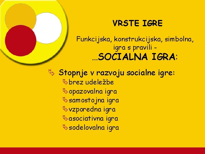 VRSTE IGRE Funkcijska, konstrukcijska, simbolna, igra s pravili - …SOCIALNA IGRA: Ä Stopnje v