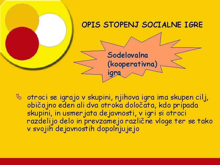 OPIS STOPENJ SOCIALNE IGRE Sodelovalna (kooperativna) igra Ä otroci se igrajo v skupini, njihova