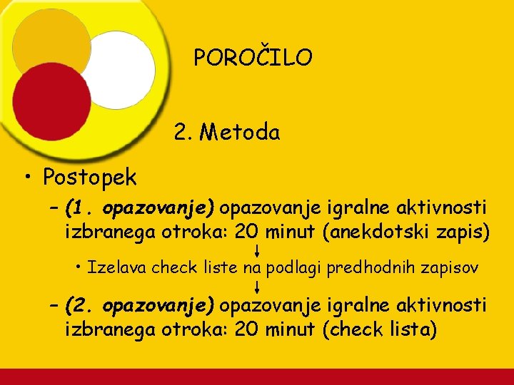 POROČILO 2. Metoda • Postopek – (1. opazovanje) opazovanje igralne aktivnosti izbranega otroka: 20