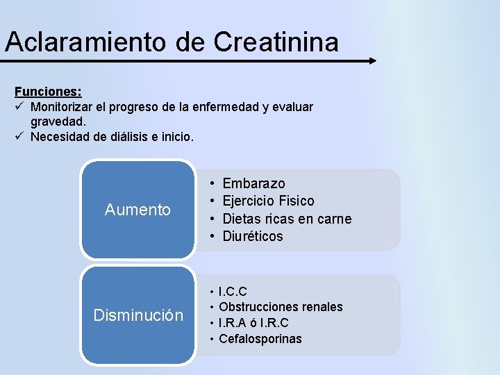 Aclaramiento de Creatinina Funciones: ü Monitorizar el progreso de la enfermedad y evaluar gravedad.