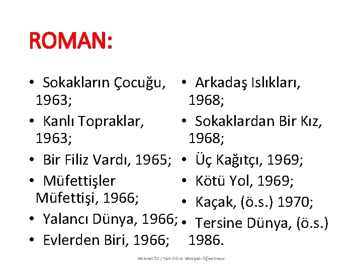 ROMAN: • Sokakların Çocuğu, • Arkadaş Islıkları, 1968; 1963; • Sokaklardan Bir Kız, •