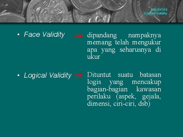 VALIDITAS Content Validity • Face Validity dipandang nampaknya memang telah mengukur apa yang seharusnya