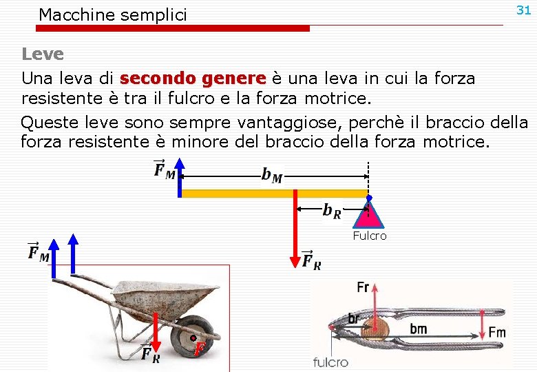 31 Macchine semplici Leve Una leva di secondo genere è una leva in cui