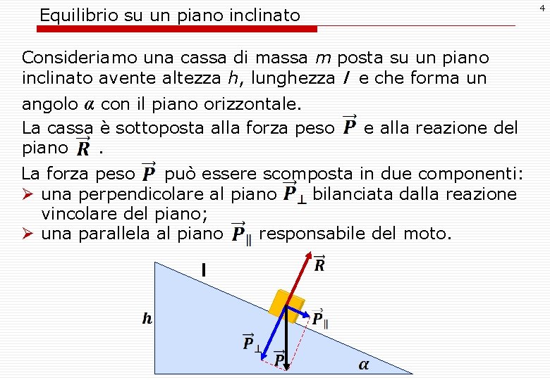 4 Equilibrio su un piano inclinato Consideriamo una cassa di massa m posta su