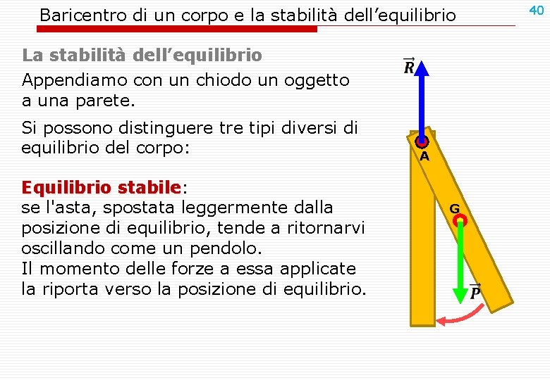 Baricentro di un corpo e la stabilità dell’equilibrio La stabilità dell’equilibrio Appendiamo con un