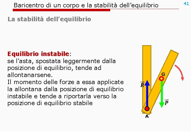 41 Baricentro di un corpo e la stabilità dell’equilibrio La stabilità dell’equilibrio Equilibrio instabile: