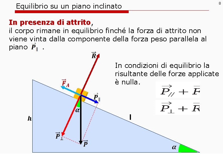 8 Equilibrio su un piano inclinato In presenza di attrito, attrito il corpo rimane