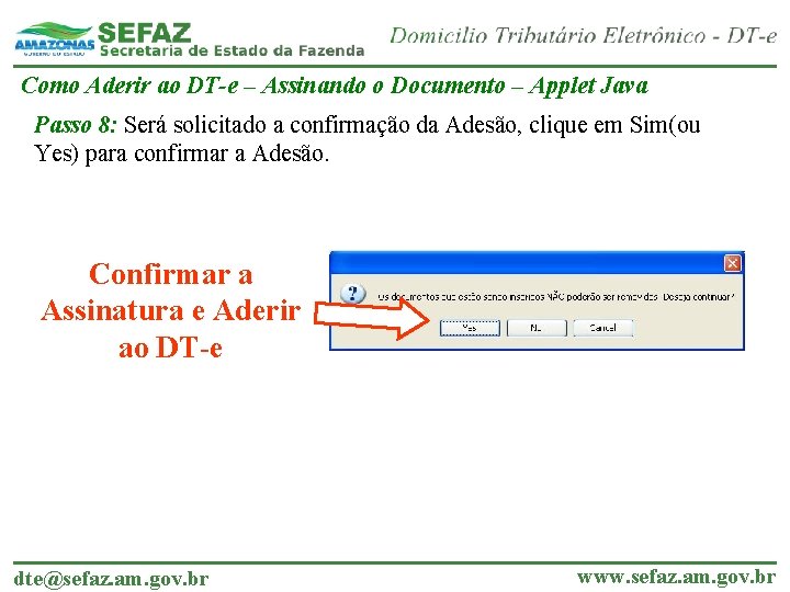 Como Aderir ao DT-e – Assinando o Documento – Applet Java Passo 8: Será