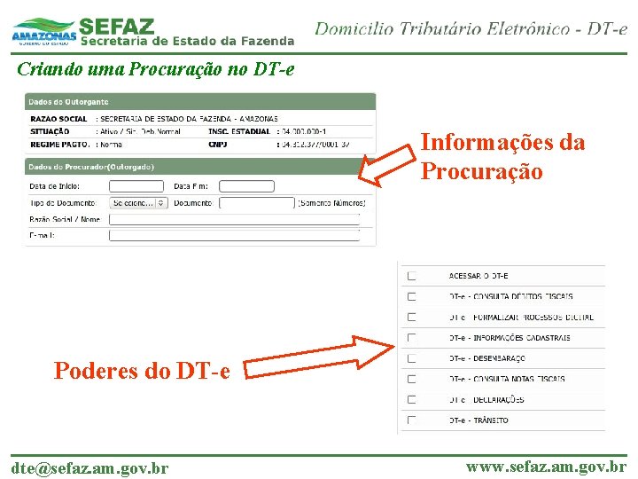 Criando uma Procuração no DT-e Informações da Procuração Poderes do DT-e dte@sefaz. am. gov.