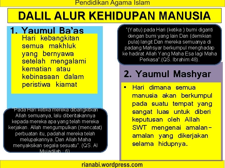 DALIL ALUR KEHIDUPAN MANUSIA 1. Yaumul Ba’as Hari kebangkitan semua makhluk yang bernyawa setelah