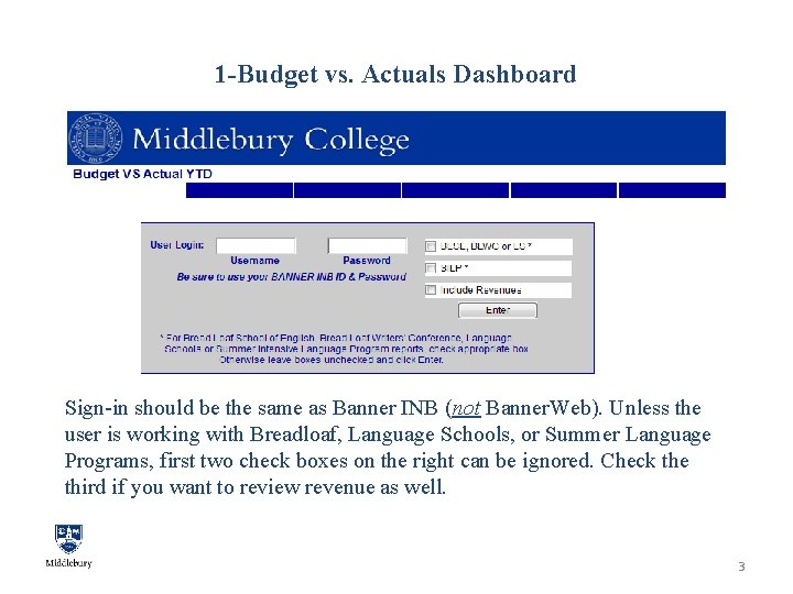 1 -Budget vs. Actuals Dashboard Sign-in should be the same as Banner INB (not