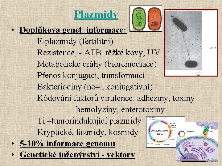 Plazmidy • Doplňková genet. informace: F-plazmidy (fertilitní) Rezistence, - ATB, těžké kovy, UV Metabolické