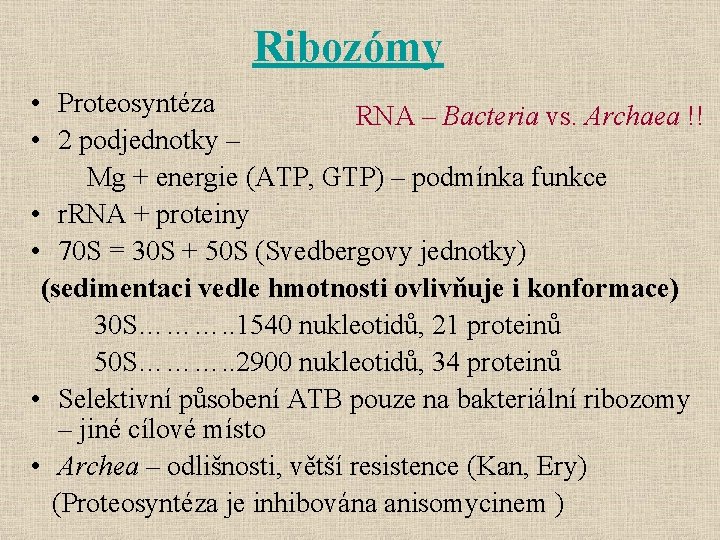 Ribozómy • Proteosyntéza RNA – Bacteria vs. Archaea !! • 2 podjednotky – Mg