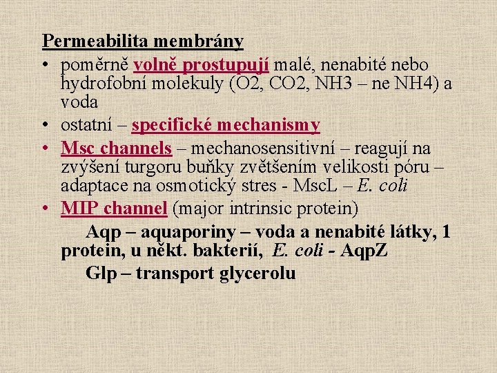 Permeabilita membrány • poměrně volně prostupují malé, nenabité nebo hydrofobní molekuly (O 2, CO