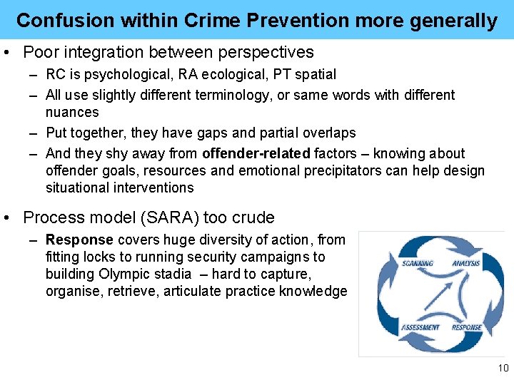 Confusion within Crime Prevention more generally • Poor integration between perspectives – RC is