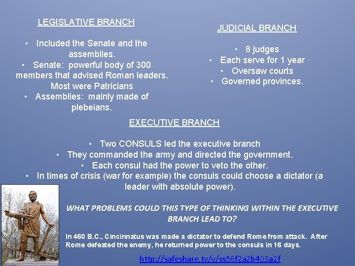 LEGISLATIVE BRANCH JUDICIAL BRANCH • Included the Senate and the assemblies. • Senate: powerful