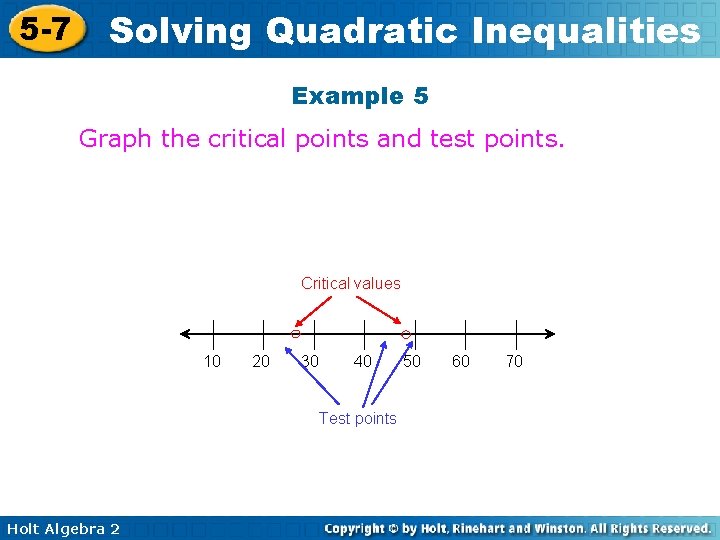 5 -7 Solving Quadratic Inequalities Example 5 Graph the critical points and test points. 5 -7 Solving Quadratic Inequalities Example 5 Graph the critical points and test points.