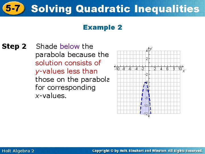 5 -7 Solving Quadratic Inequalities Example 2 Step 2 Holt Algebra 2 Shade below 5 -7 Solving Quadratic Inequalities Example 2 Step 2 Holt Algebra 2 Shade below