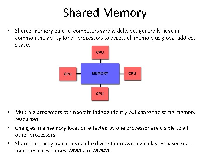 Shared Memory • Shared memory parallel computers vary widely, but generally have in common Shared Memory • Shared memory parallel computers vary widely, but generally have in common