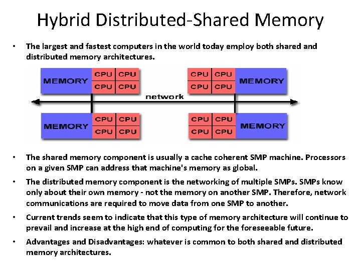 Hybrid Distributed-Shared Memory • The largest and fastest computers in the world today employ Hybrid Distributed-Shared Memory • The largest and fastest computers in the world today employ