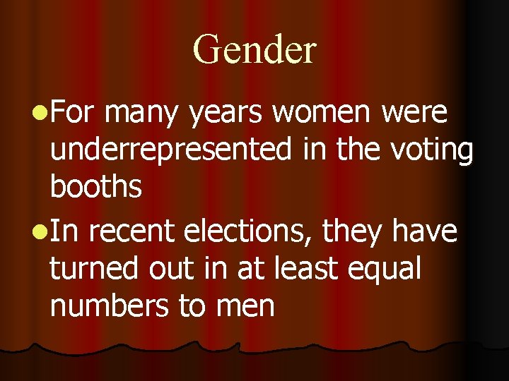 Gender l. For many years women were underrepresented in the voting booths l. In