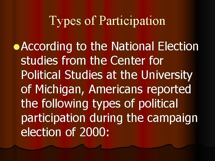 Types of Participation l According to the National Election studies from the Center for
