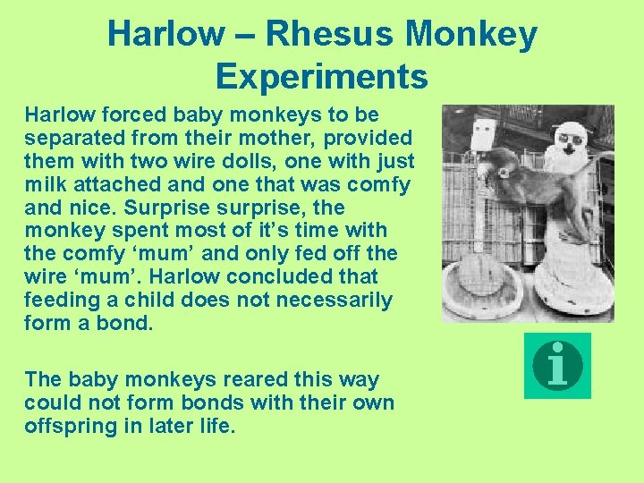 Harlow – Rhesus Monkey Experiments Harlow forced baby monkeys to be separated from their