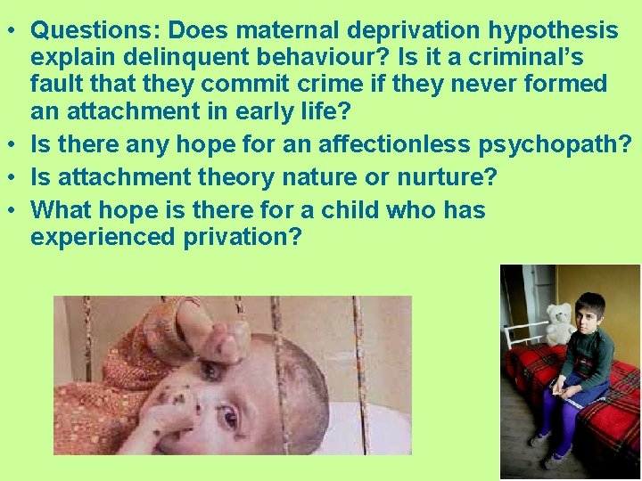  • Questions: Does maternal deprivation hypothesis explain delinquent behaviour? Is it a criminal’s