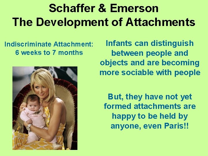 Schaffer & Emerson The Development of Attachments Indiscriminate Attachment: 6 weeks to 7 months