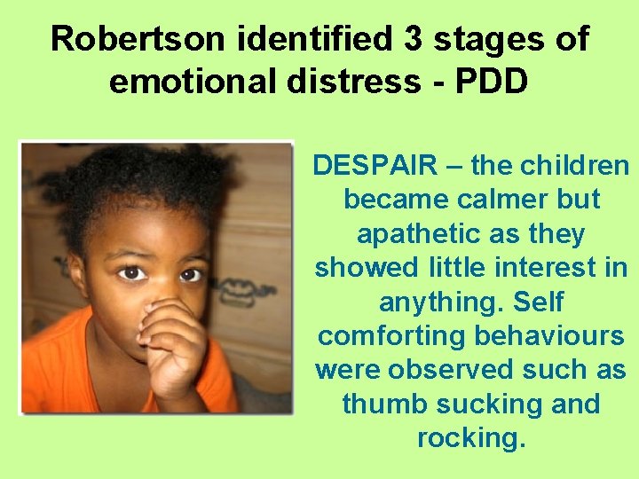 Robertson identified 3 stages of emotional distress - PDD DESPAIR – the children became