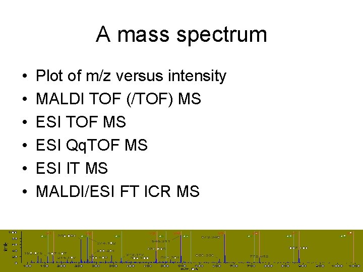 A mass spectrum • • • Plot of m/z versus intensity MALDI TOF (/TOF)